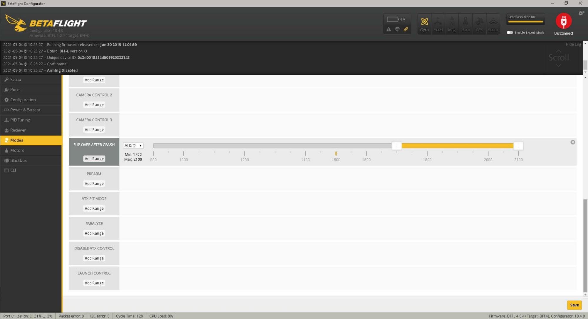 Betaflight settings page