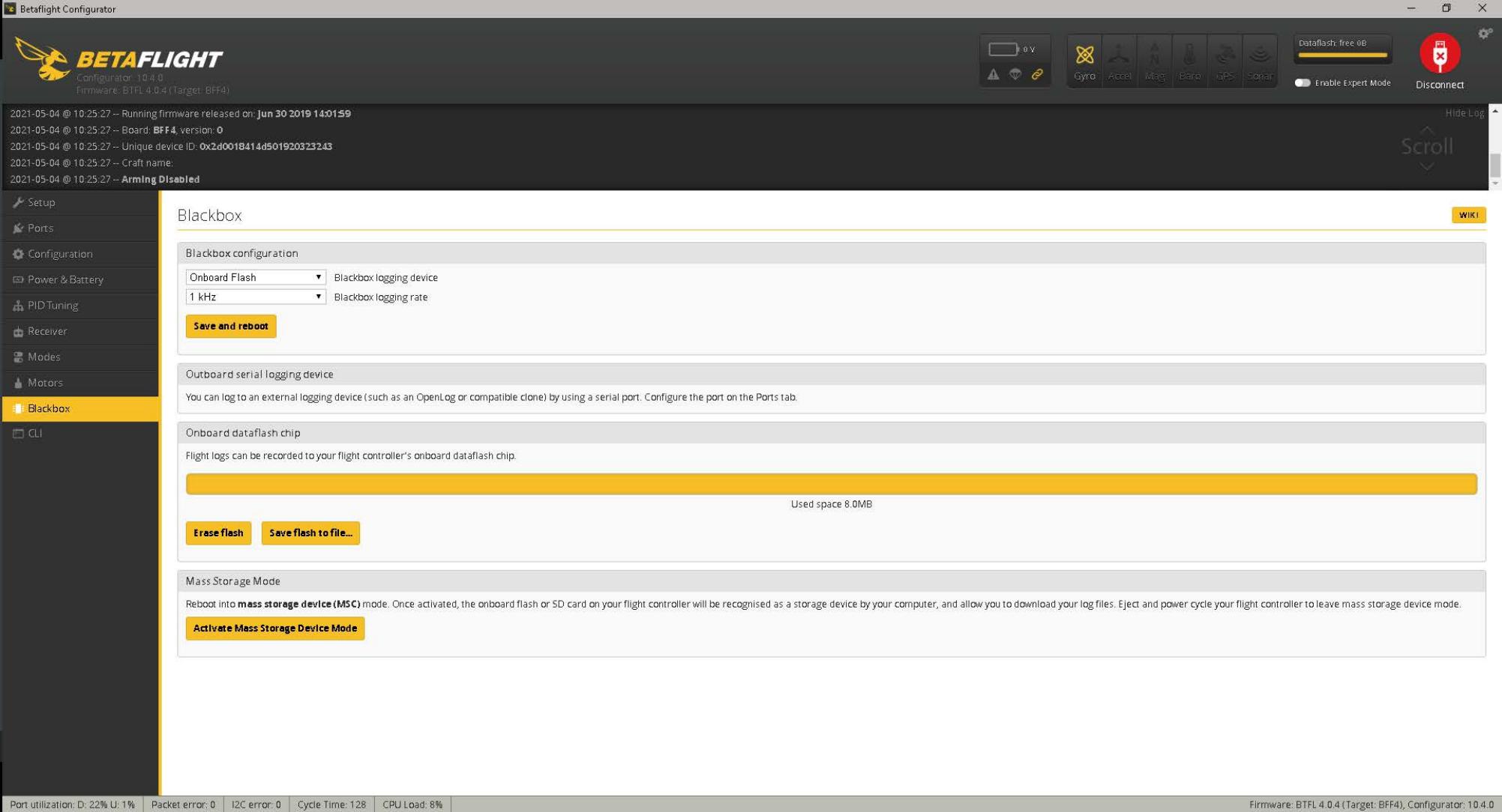 Betaflight settings page