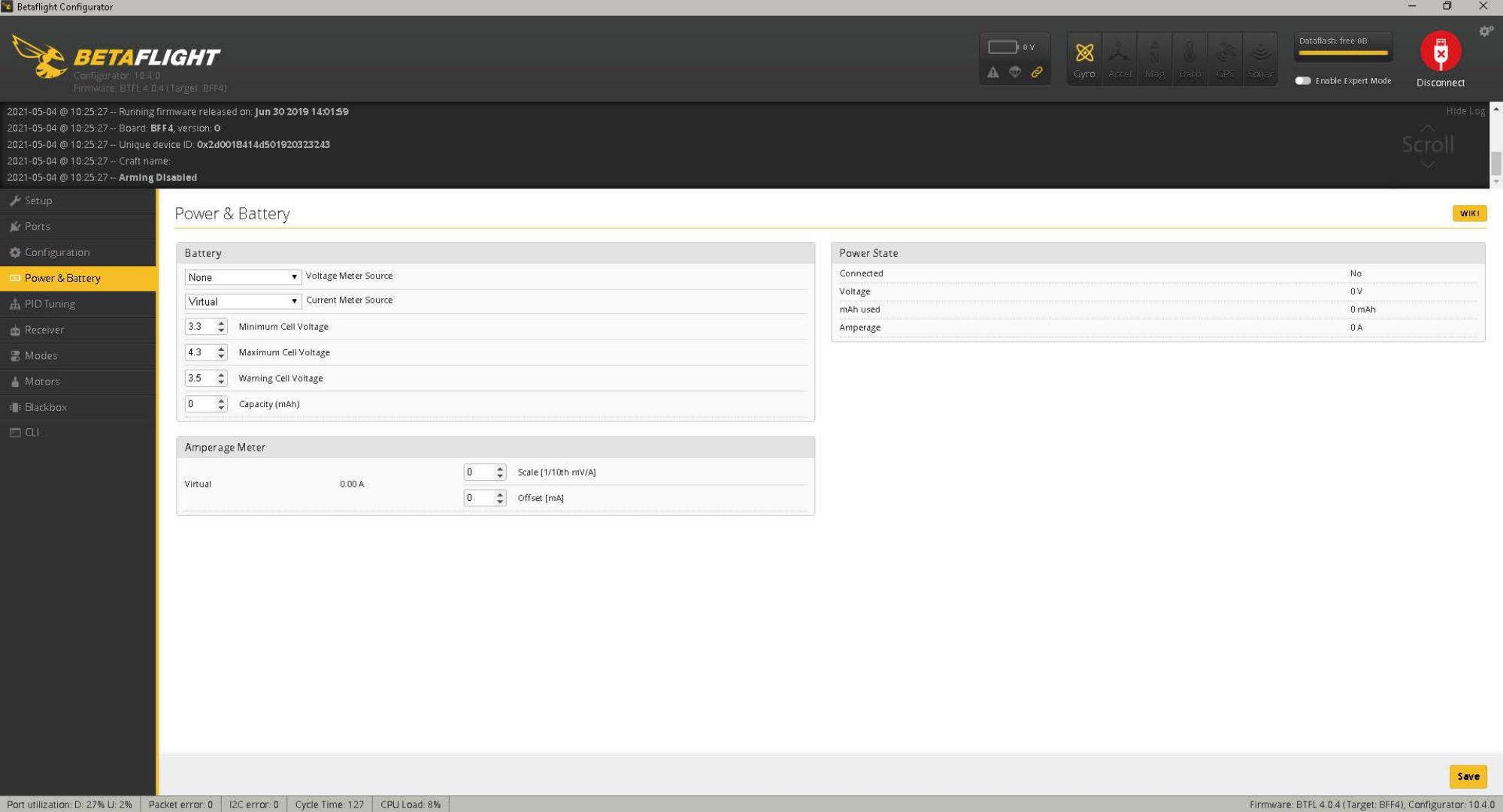Betaflight settings page