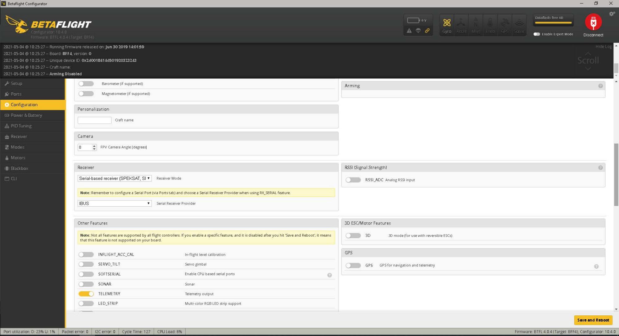 Betaflight settings page