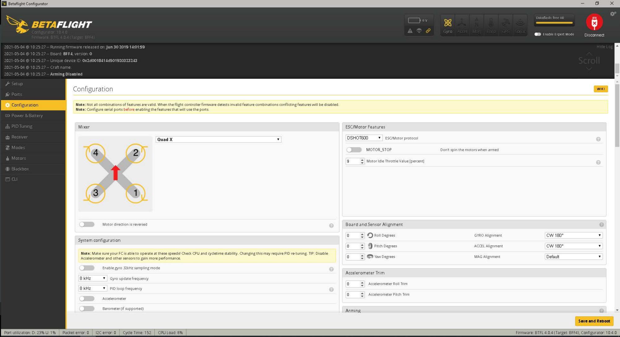 Betaflight settings page