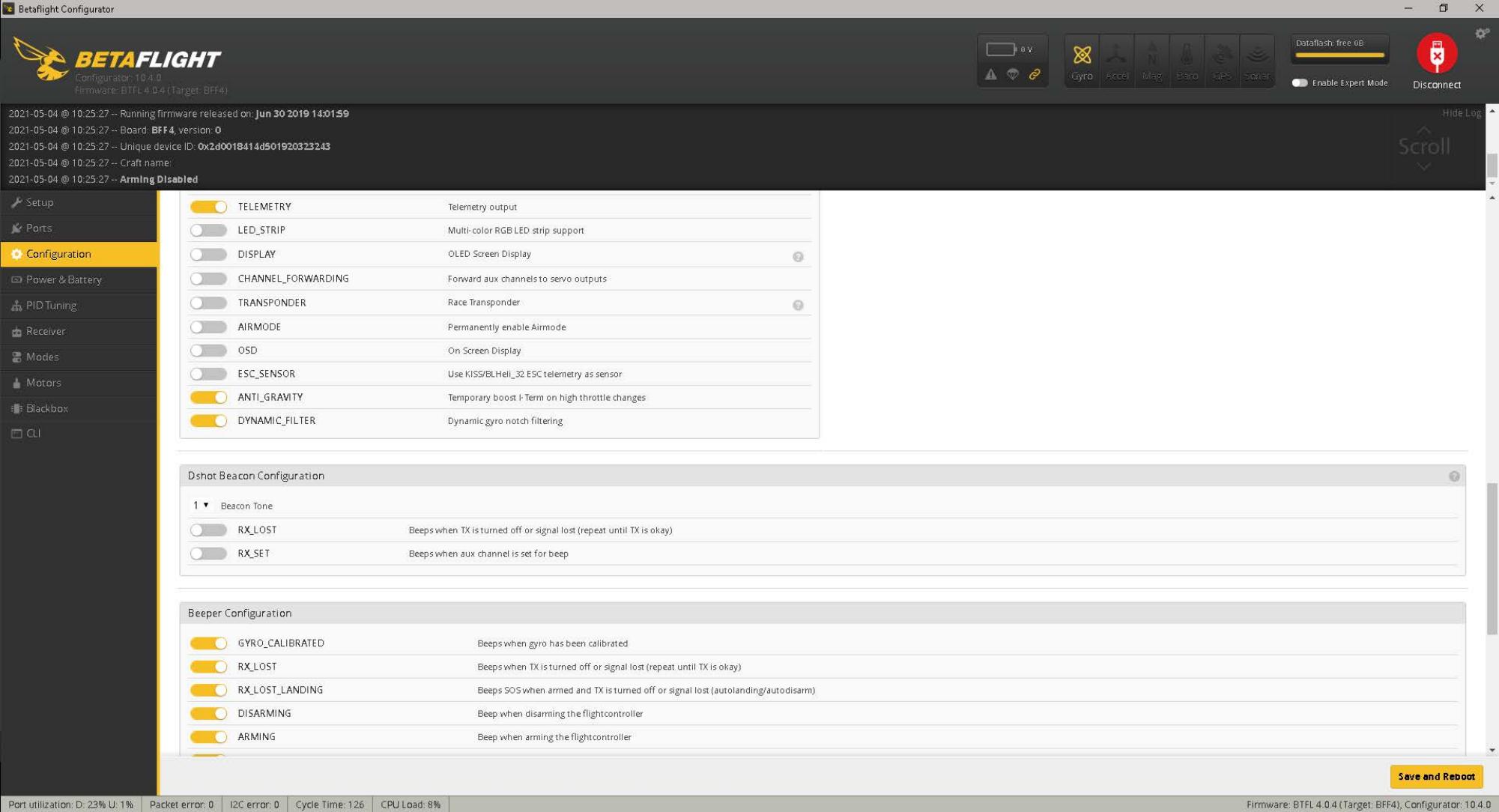 Betaflight settings page