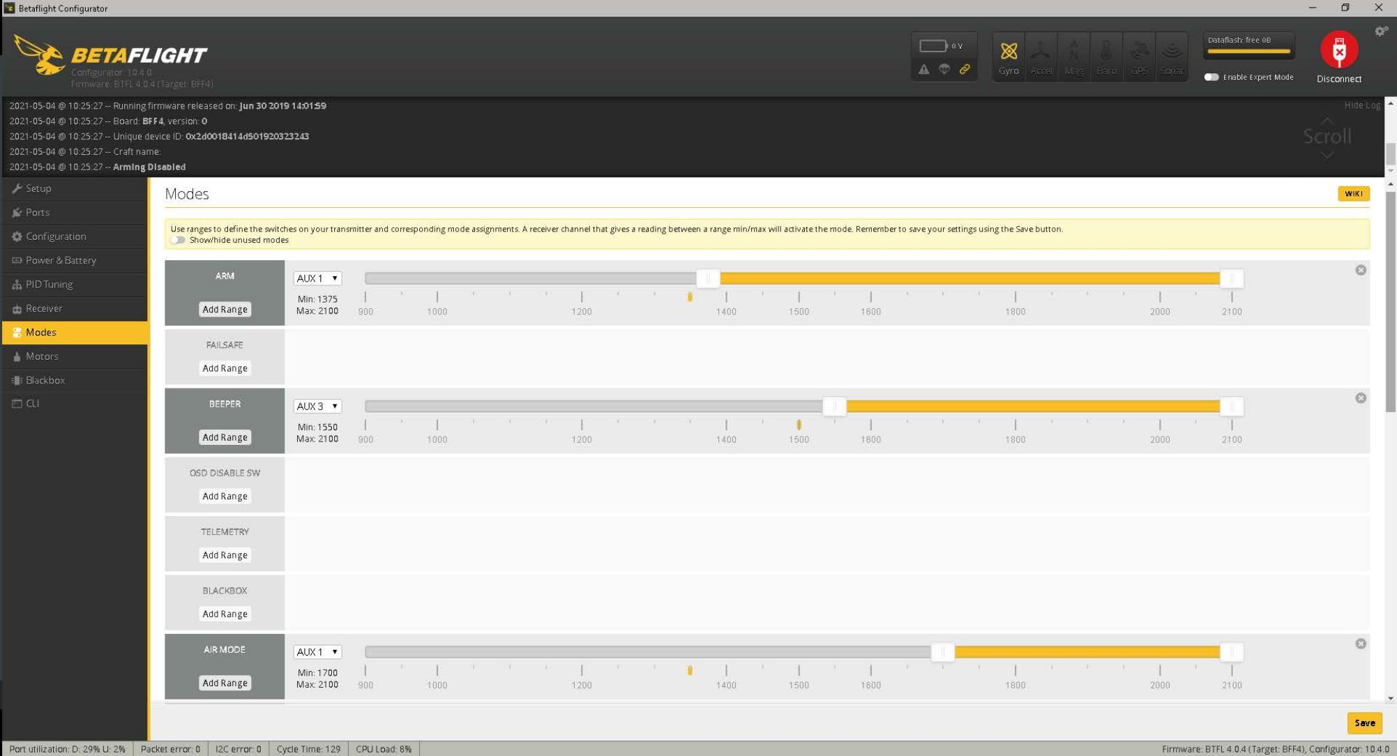Betaflight settings page