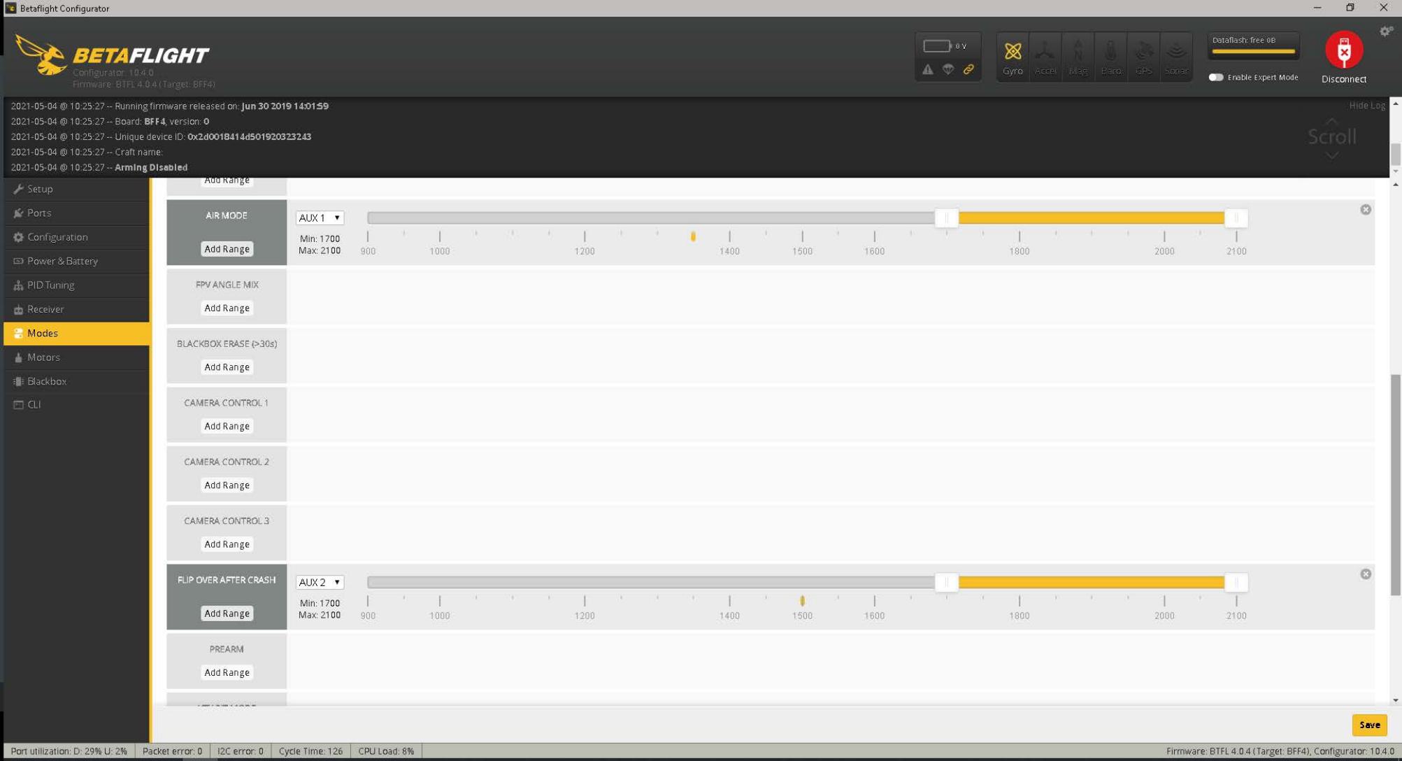 Betaflight settings page