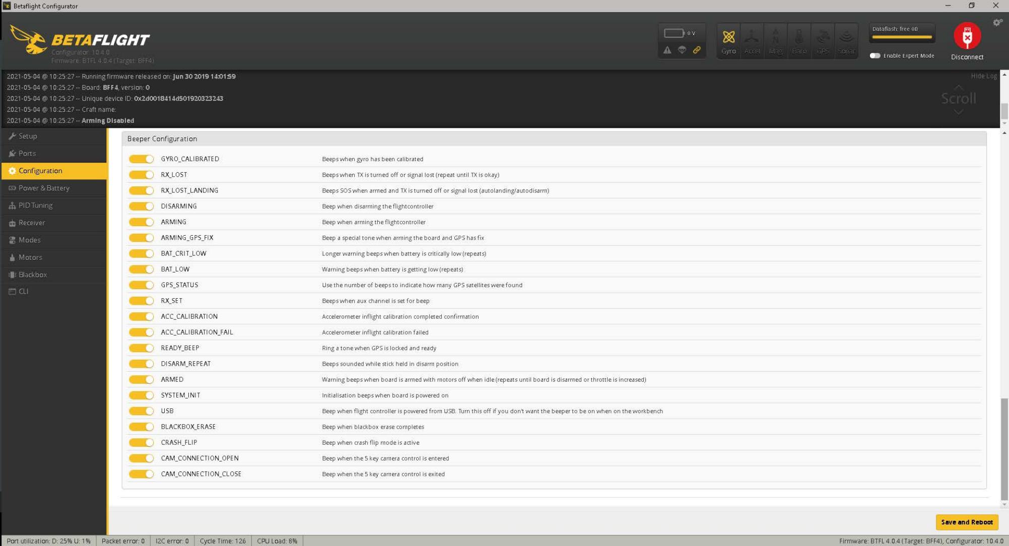 Betaflight settings page