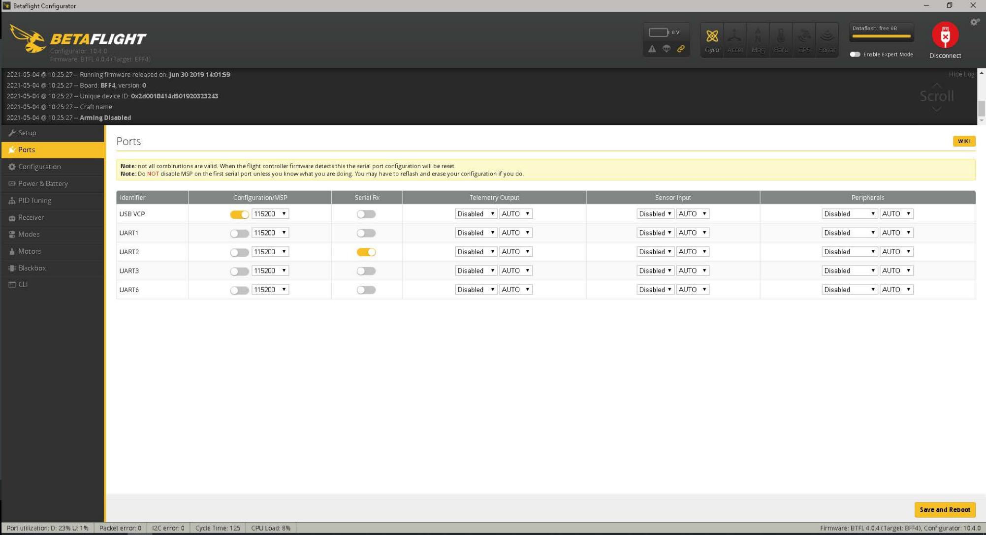 Betaflight settings page